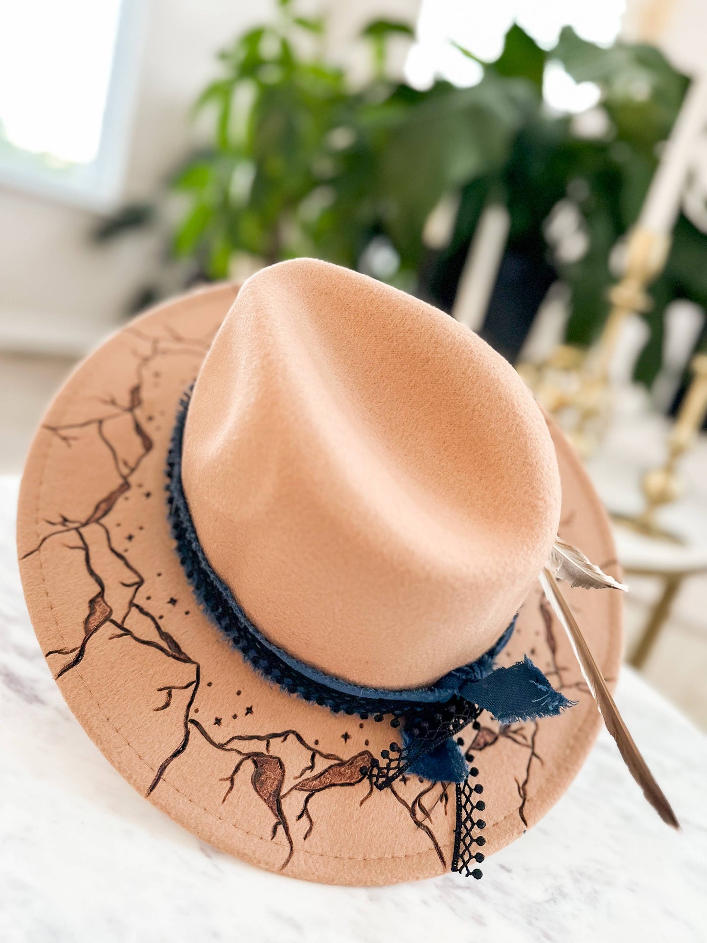 Hand Burnt Mountain Cowboy Hat| Moon Stars| Fedora: Grey / Fedora Hat