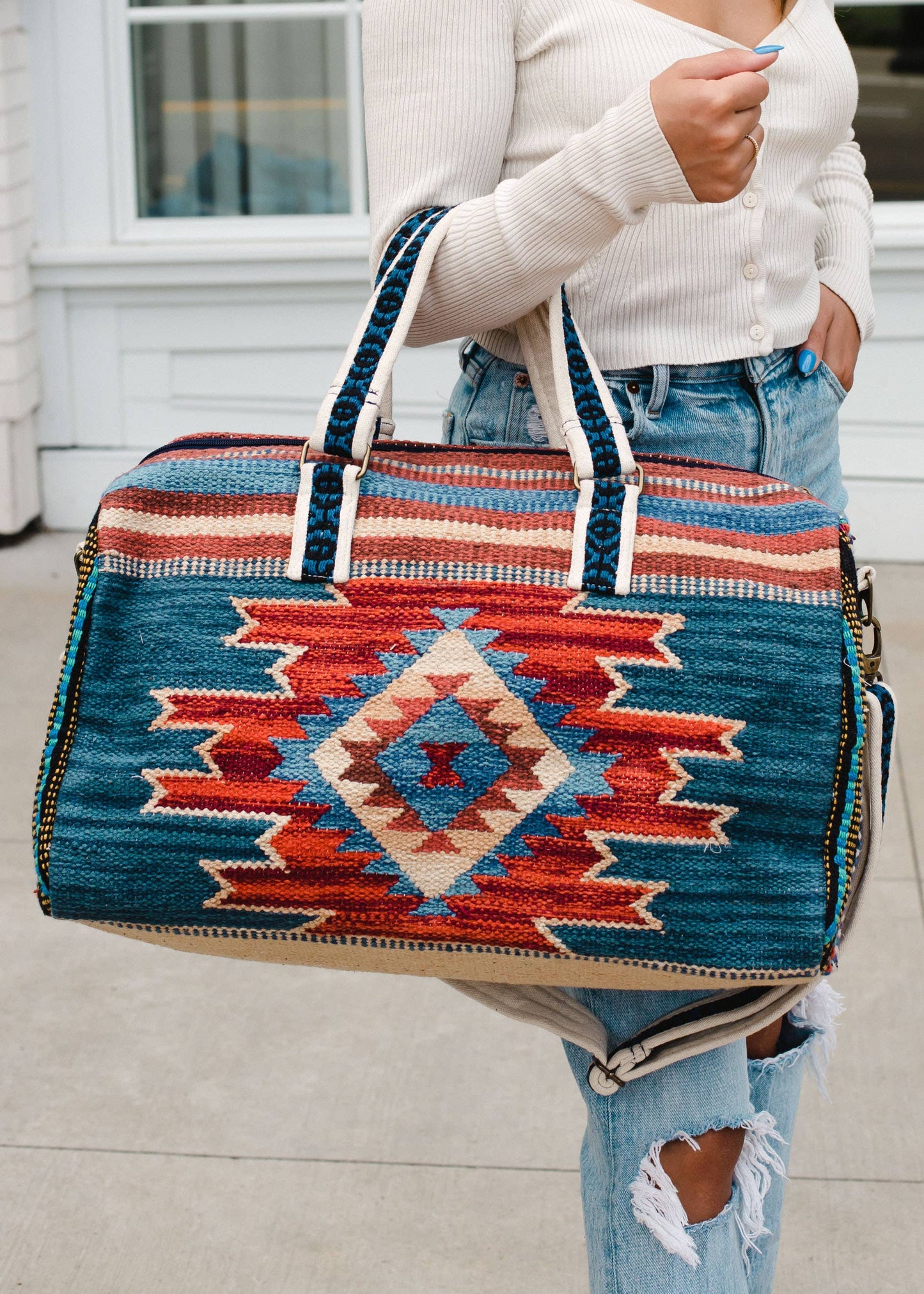 Blue, Rust & Tan Aztec Duffel