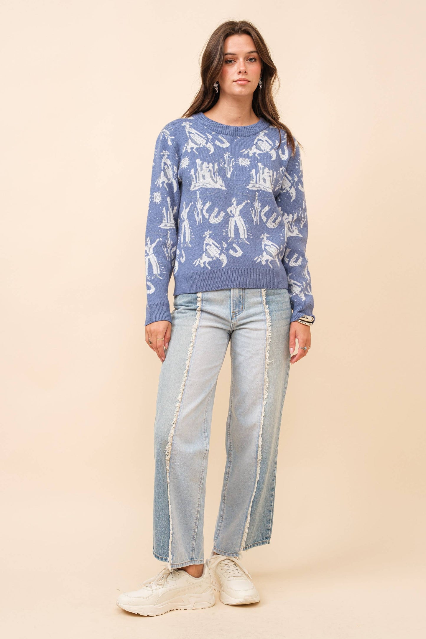 Western Motif Knitted Pullover Sweater: BLUE / S