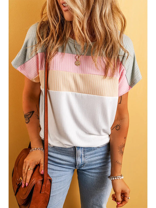 White Ribbed Color Block T-Shirt