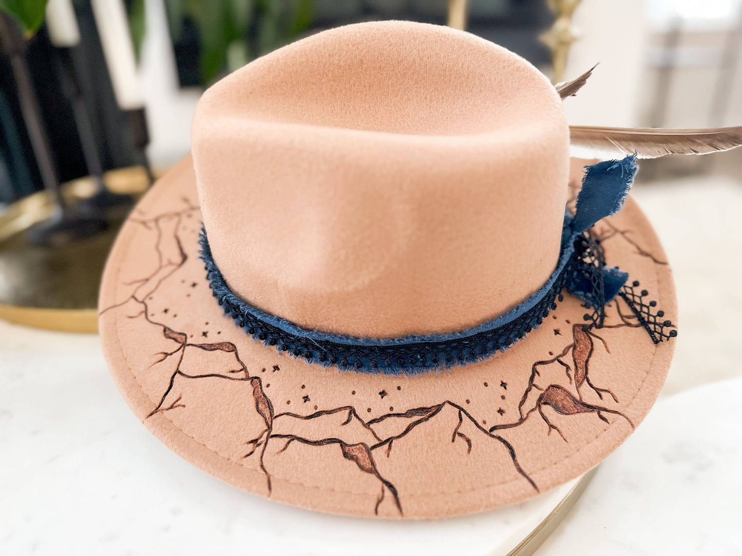 Hand Burnt Mountain Cowboy Hat| Moon Stars| Fedora: Grey / Fedora Hat