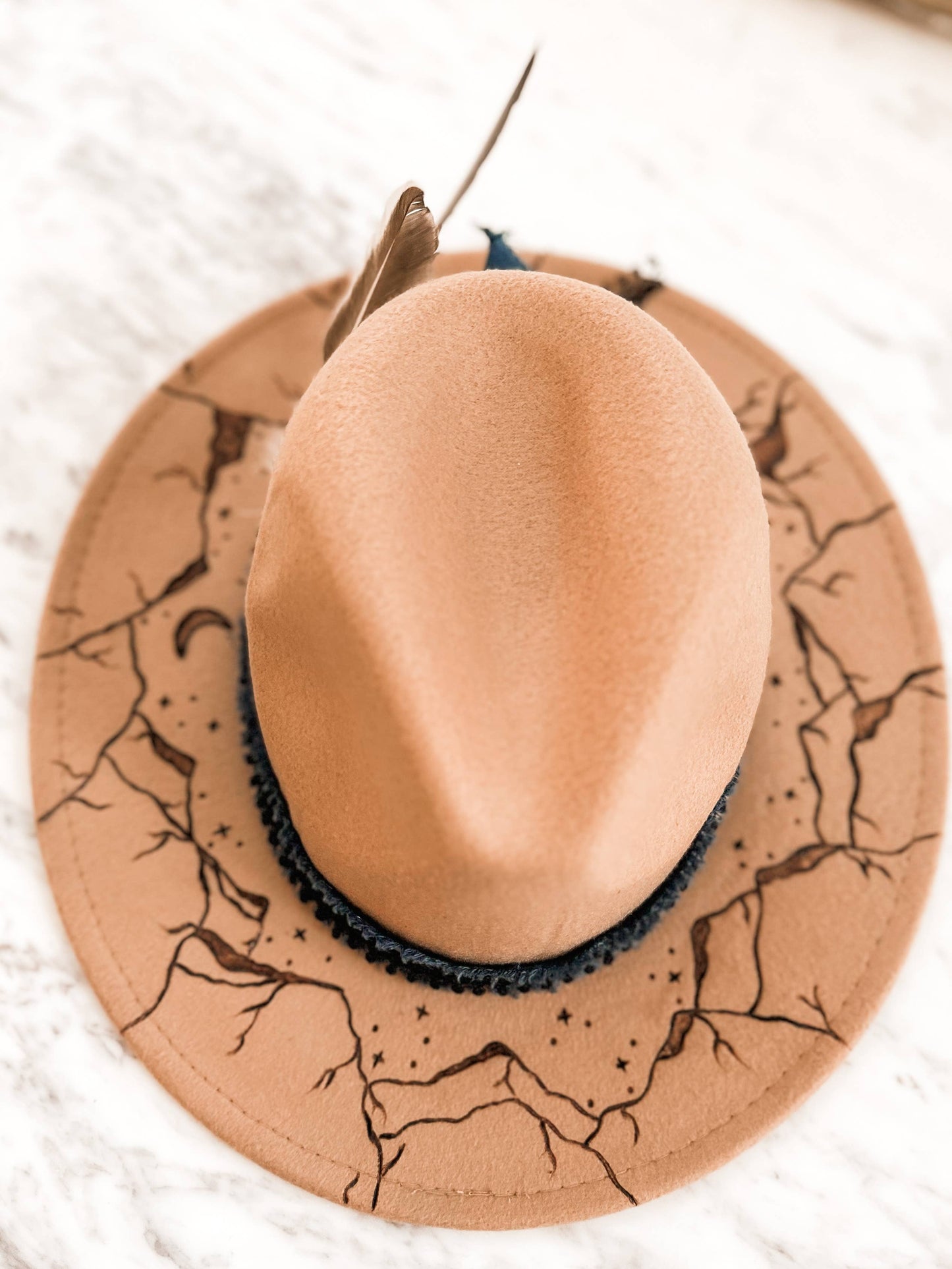 Hand Burnt Mountain Cowboy Hat| Moon Stars| Fedora: Grey / Fedora Hat