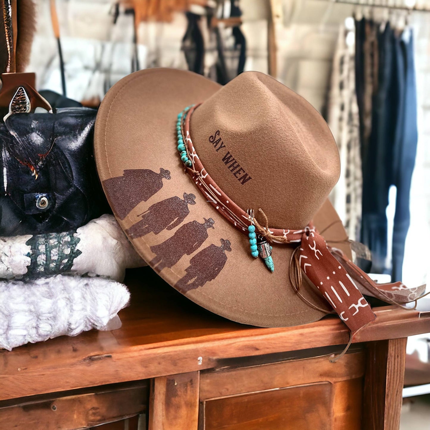 Say When Tombstone Western Cowboy Burned Hat Custom Hat: Tan / Cotton Blend Rancher