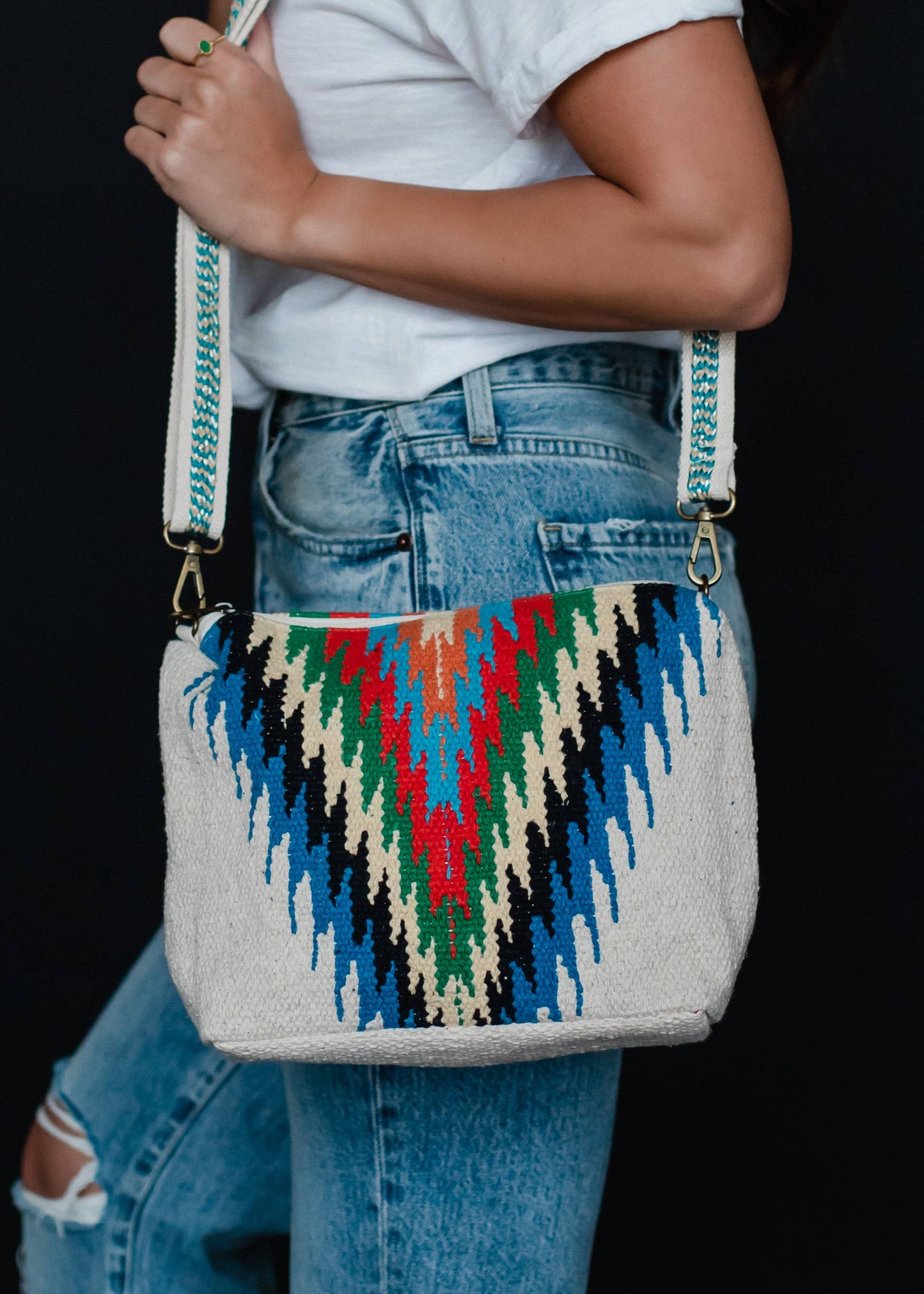 Beige & Multicolored Aztec Crossbody