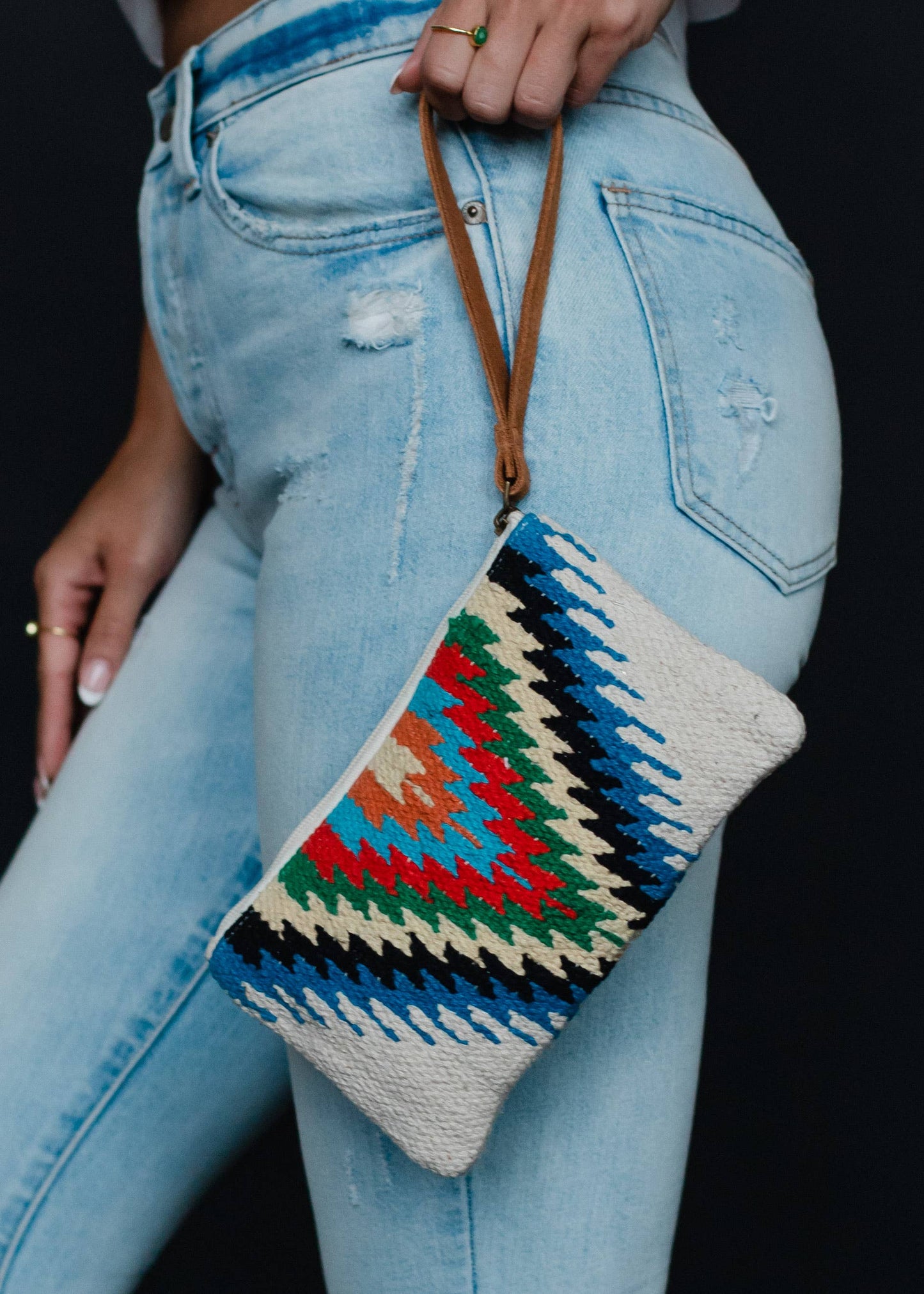 Beige & Multicolored Aztec Wristlet