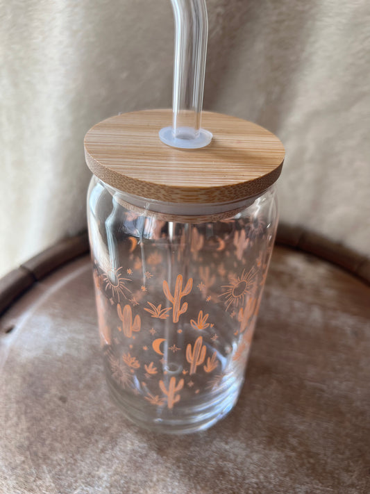 Western Cactus Glass Can with Lid and Straw