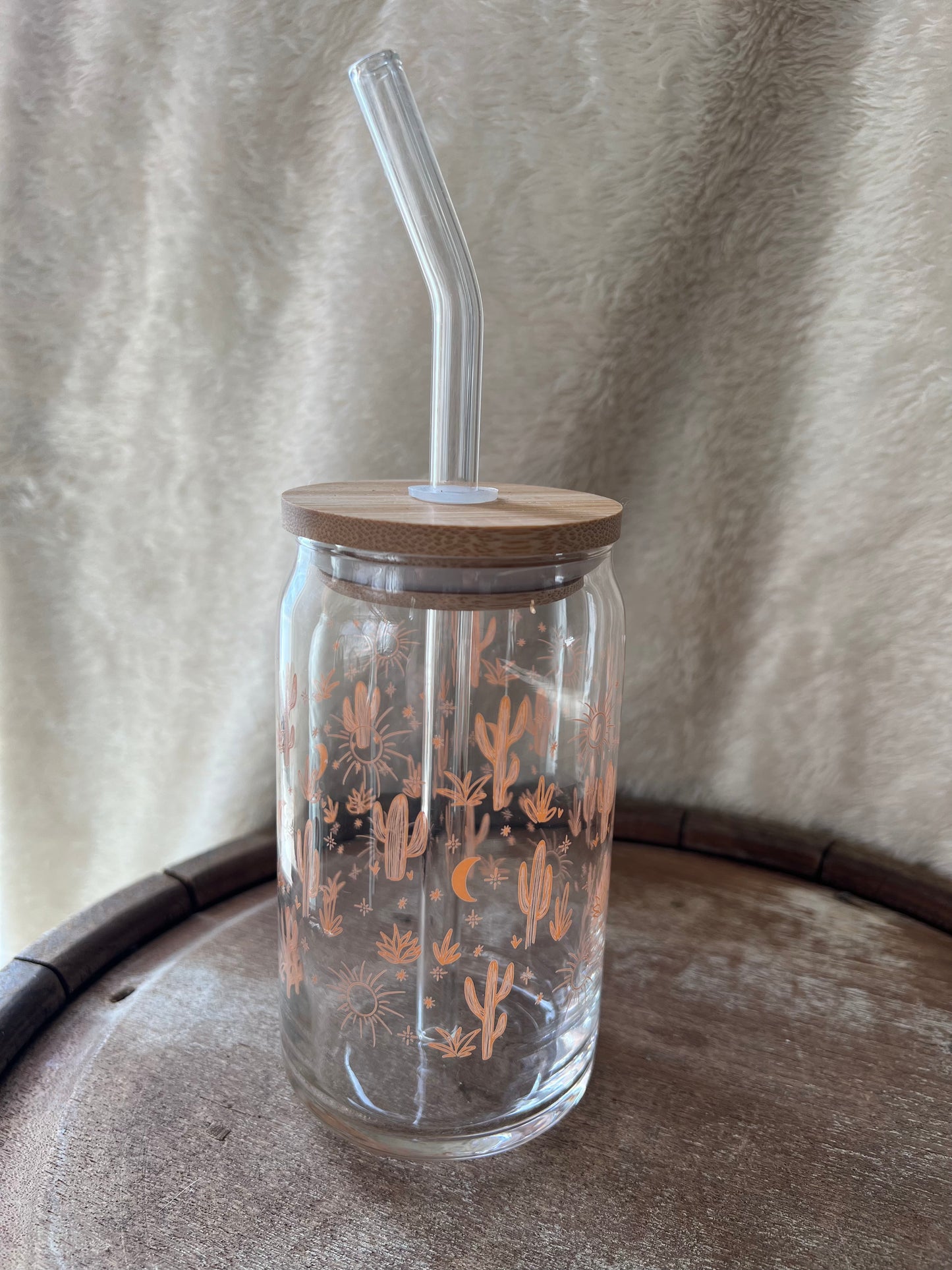 Western Cactus Glass Can with Lid and Straw