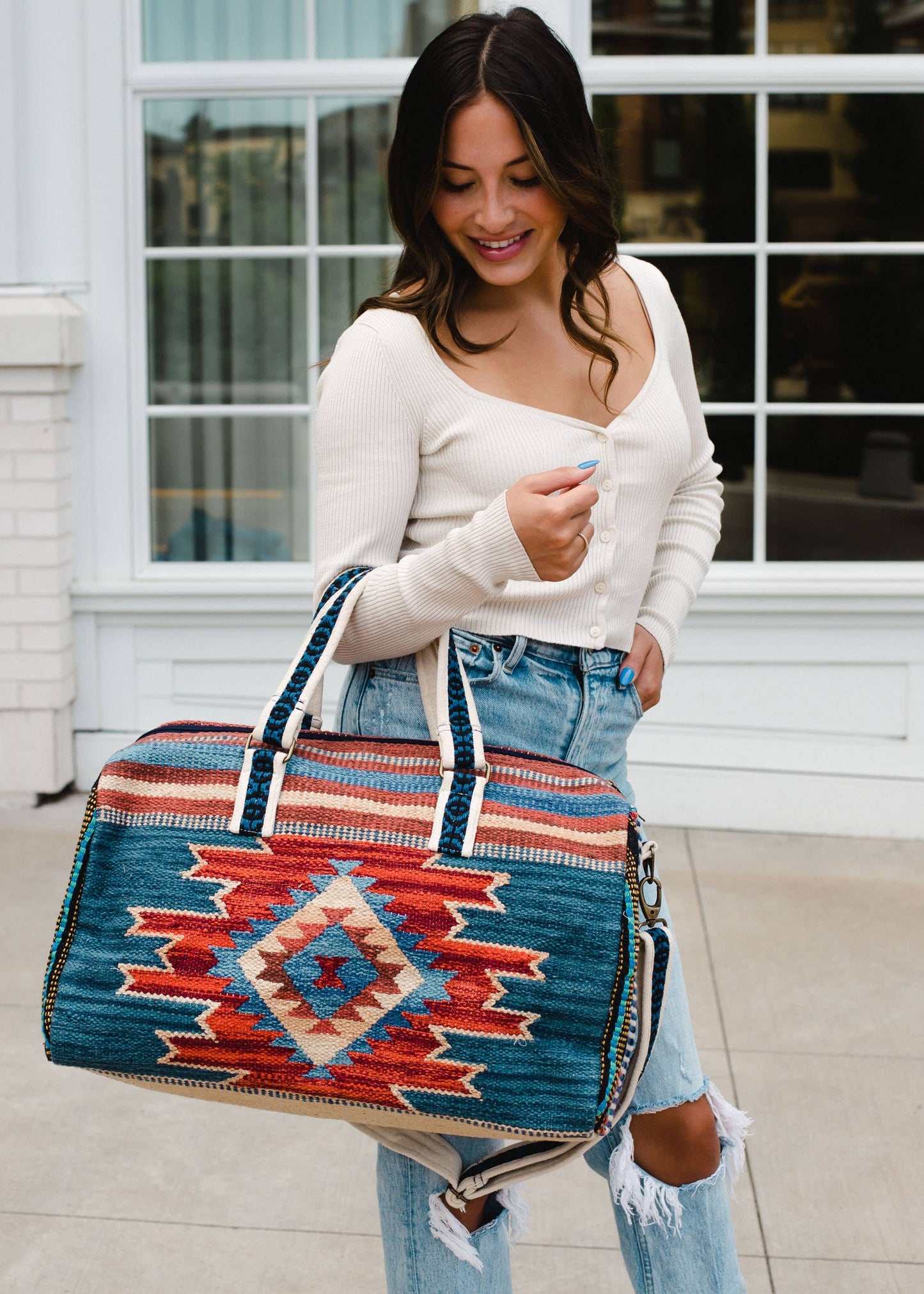 Blue, Rust & Tan Aztec Duffel