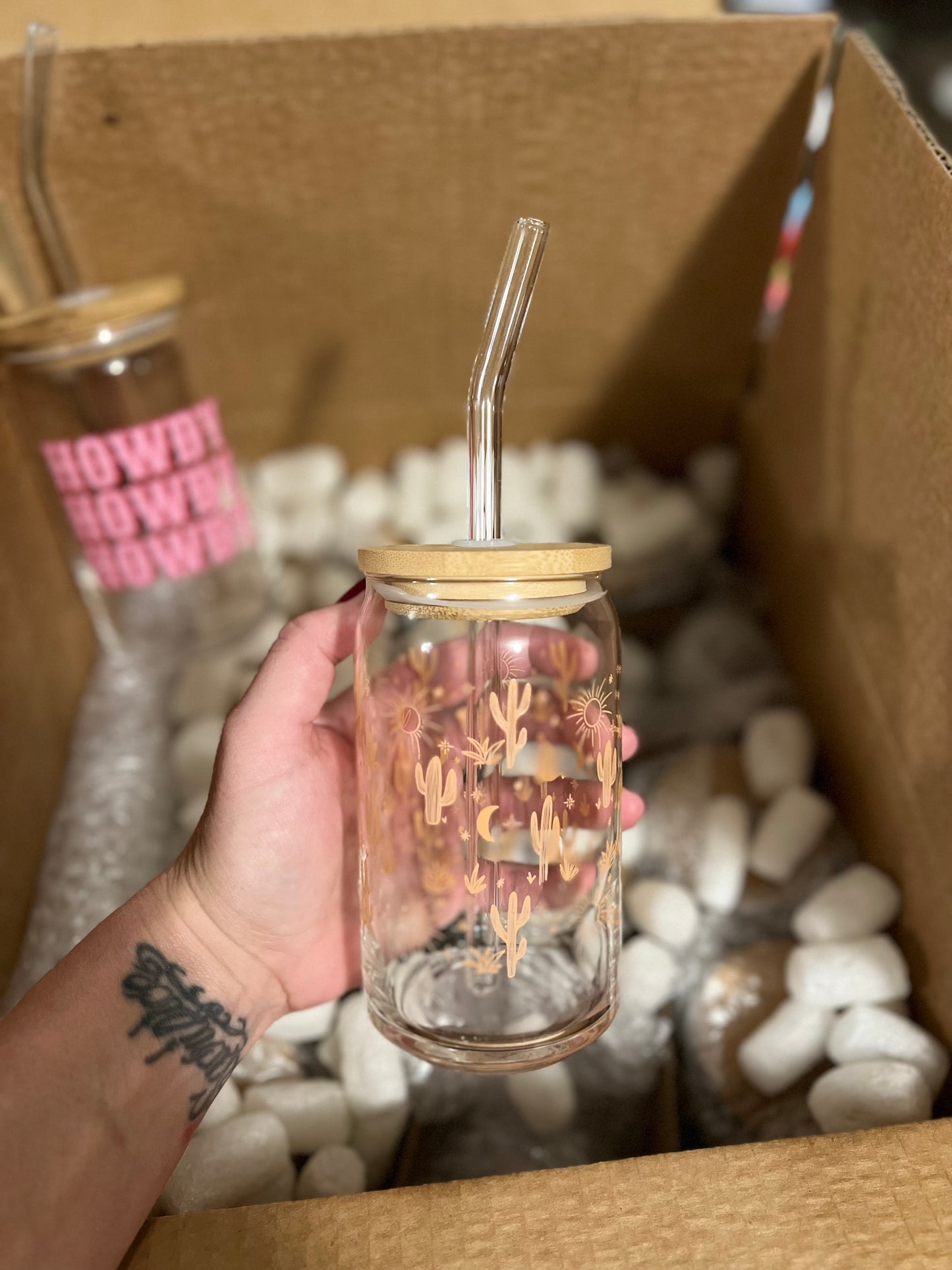 Western Cactus Glass Can with Lid and Straw