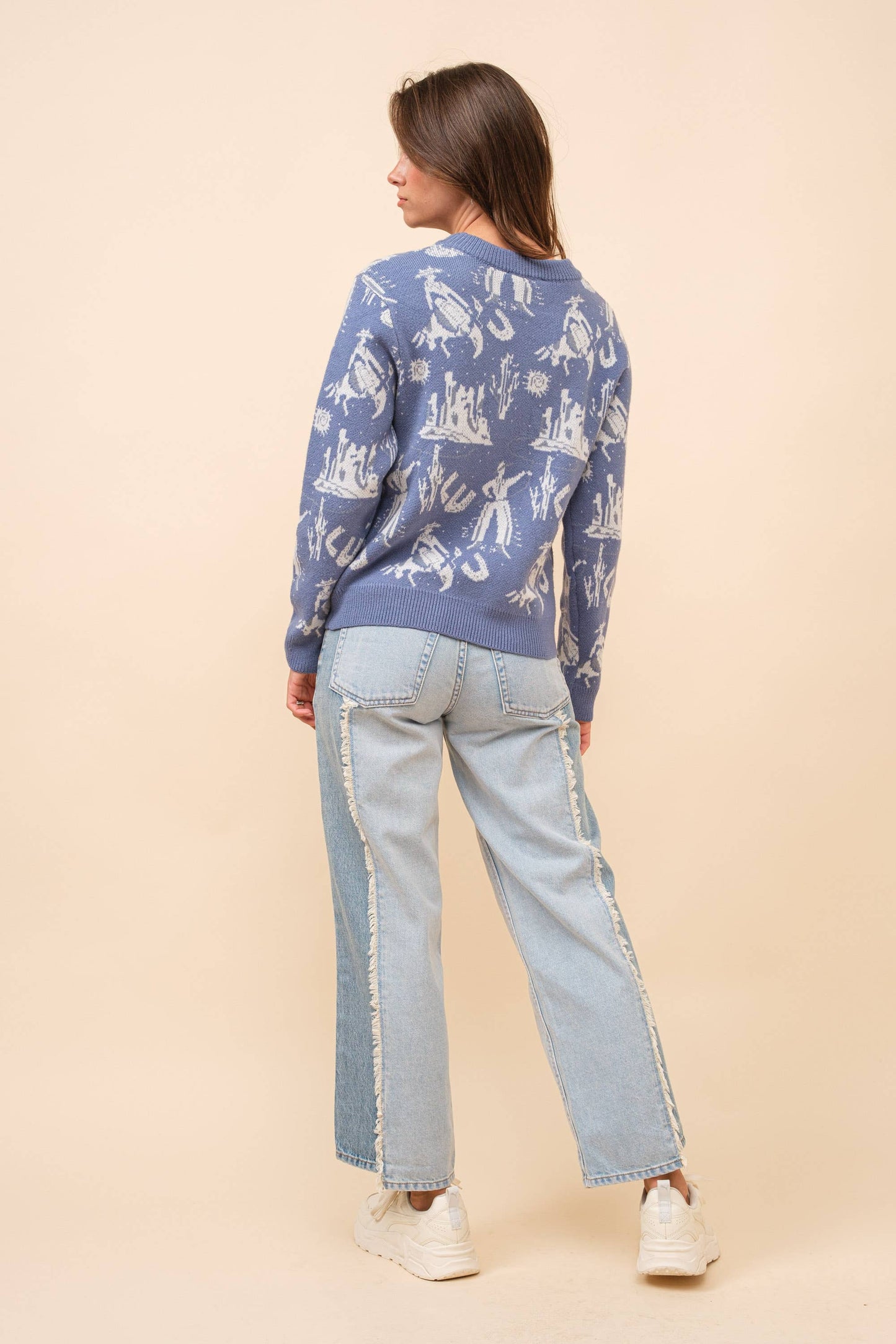 Western Motif Knitted Pullover Sweater: BLUE / S