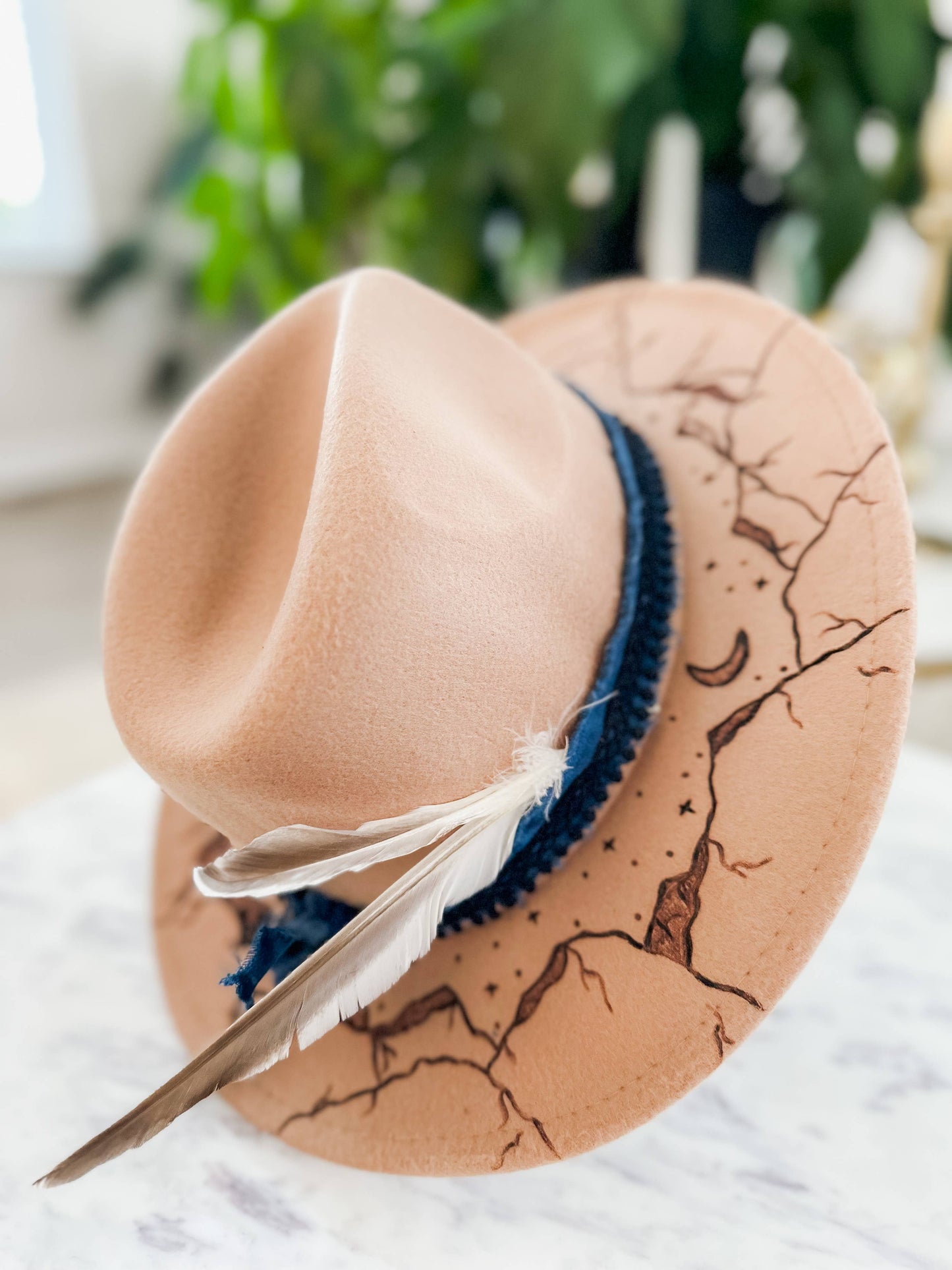 Hand Burnt Mountain Cowboy Hat| Moon Stars| Fedora: Grey / Fedora Hat