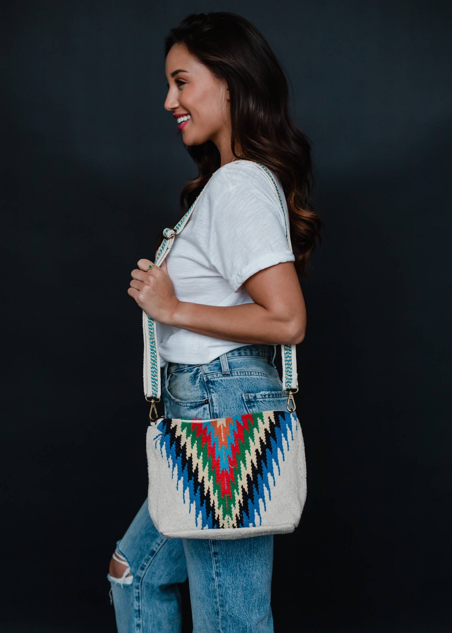 Beige & Multicolored Aztec Crossbody