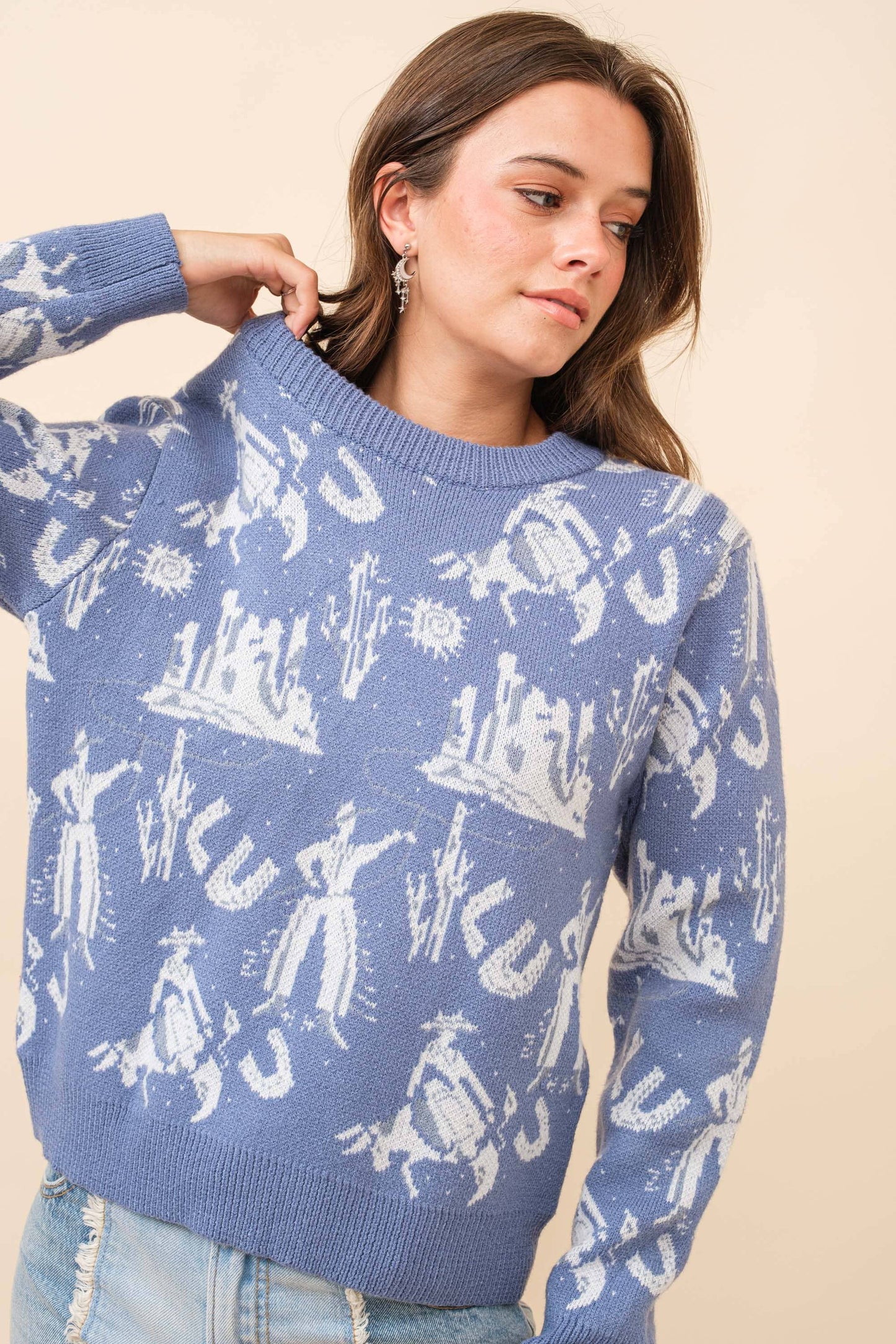 Western Motif Knitted Pullover Sweater: BLUE / S